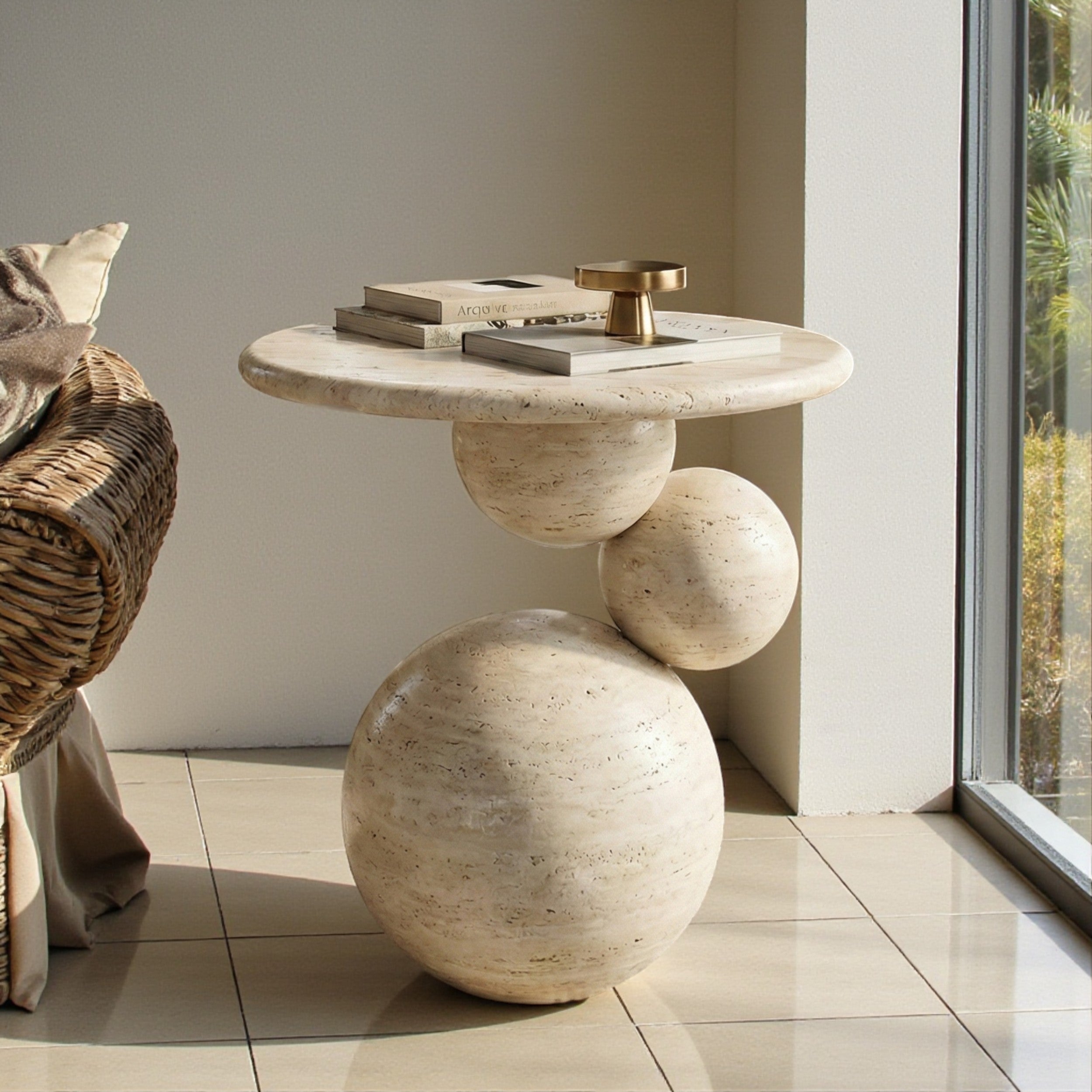 Travertine Sphere Side Table – Handmade Stone Accent Table, Modern Sculptural End Table